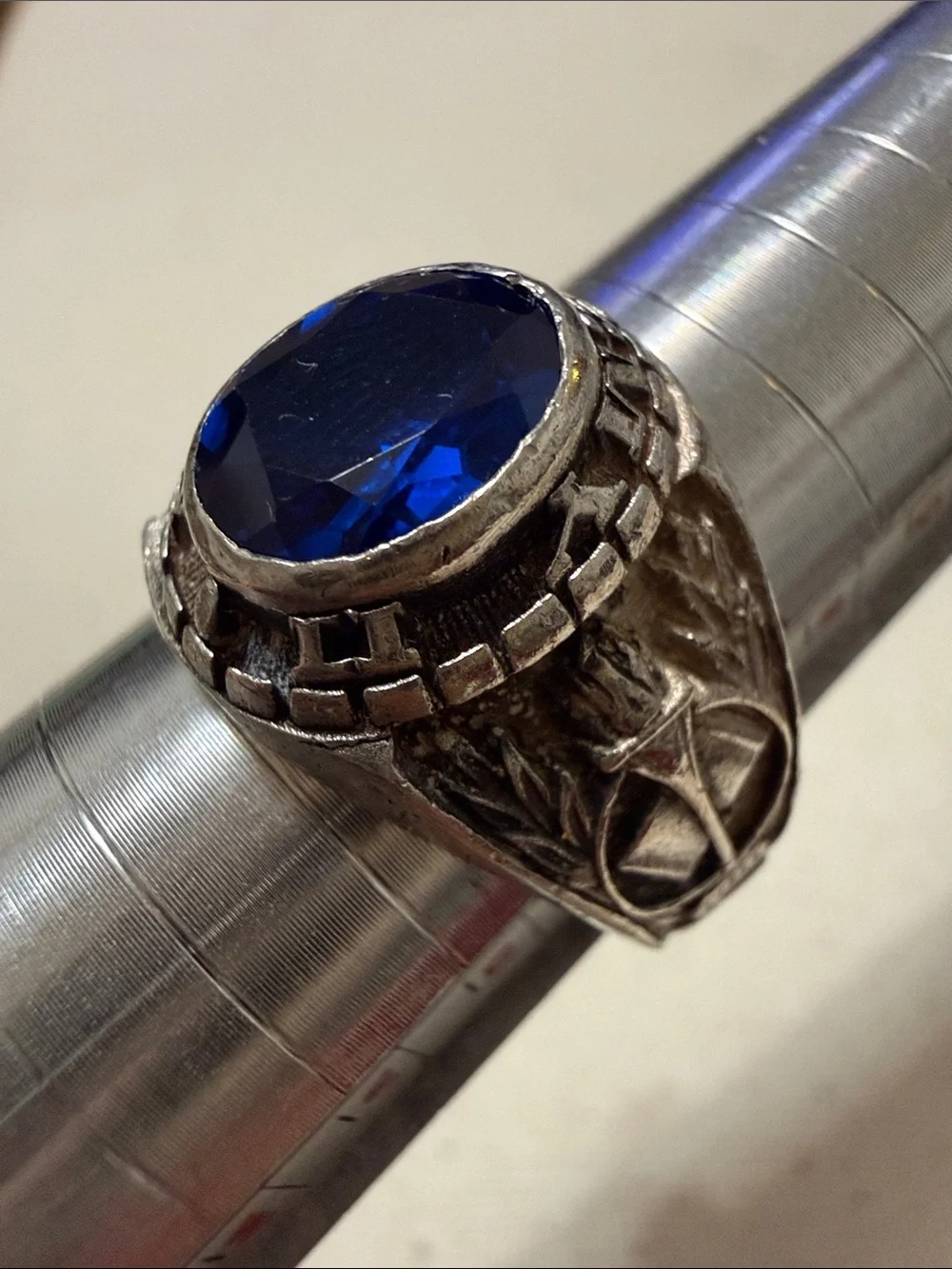 Sterling Silver Men's School Ring size 9.75 W/Deep Blue Oval Stone